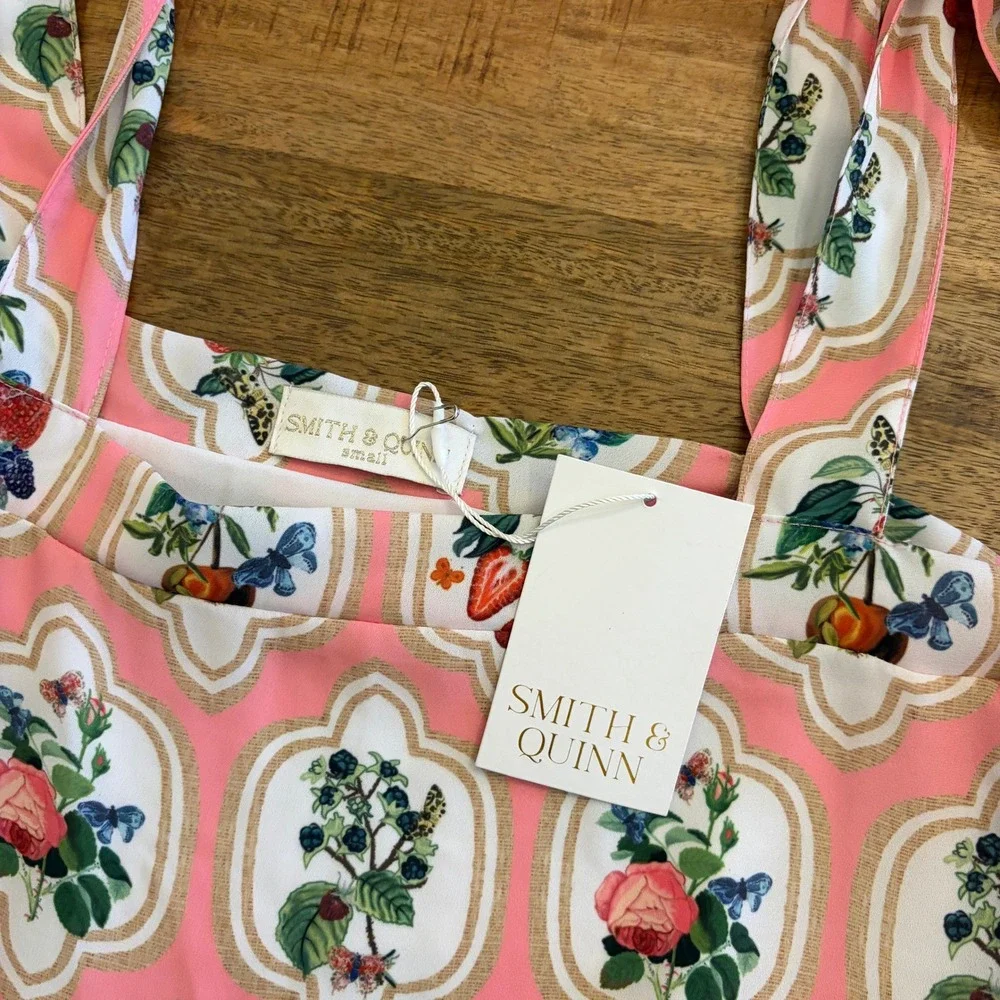 Smith & Quinn Sage Midi Dress S Fruit Patch Strawberry Print Butterfly Pink NWT - Picture 14 of 14